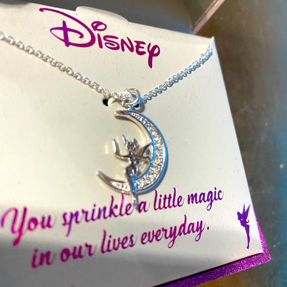 DISNEY NWT 2017 TINKER BELL FAIRY ON MOON SILVER PLATED NECKLACE ORIGINAL BOX - Picture 3 of 10